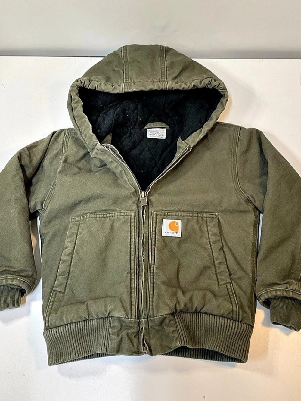 Carhartt Boys Canvas Insulated Hooded Active Jacket Green & Black XXS 4-5 kids